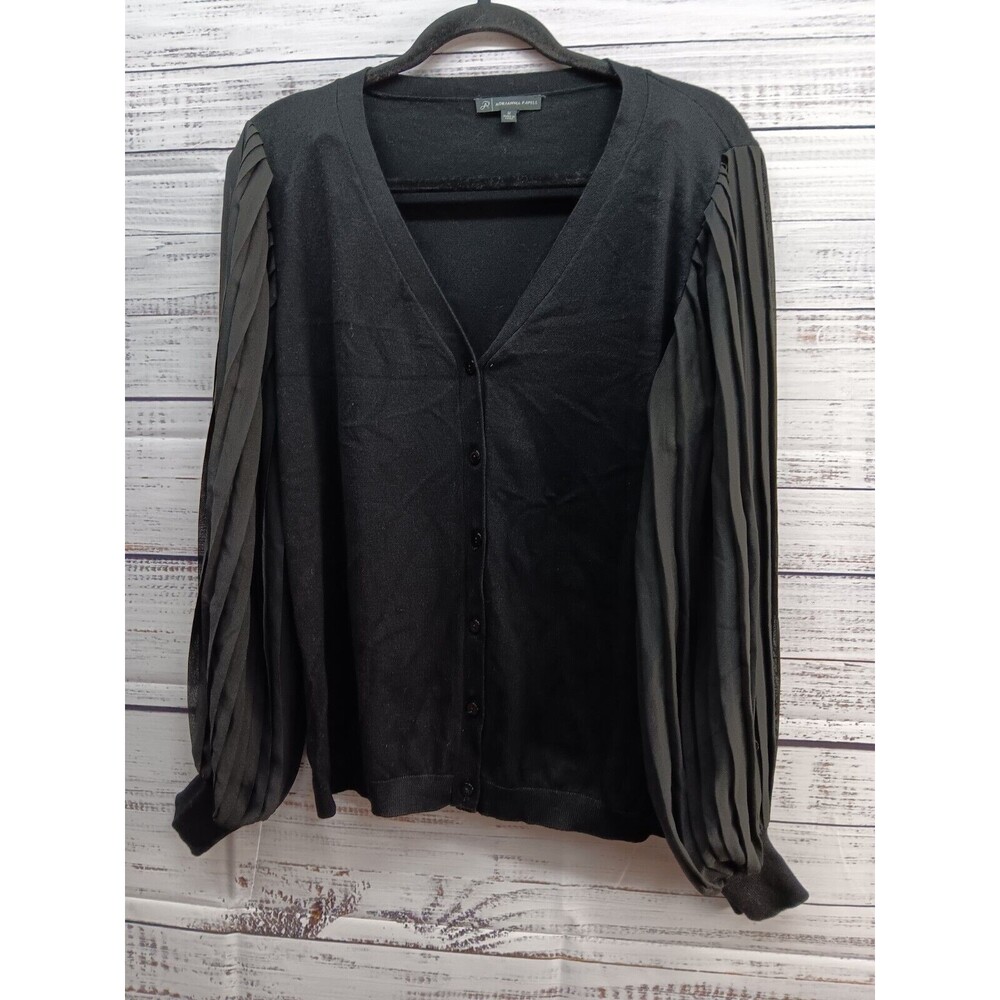 Adrianna Papell  Blouse M  Black Button Up  Crepe Long Pleated Puffy Sleeves